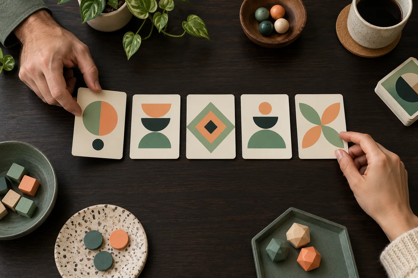 Two hands choosing original cards from a shared row