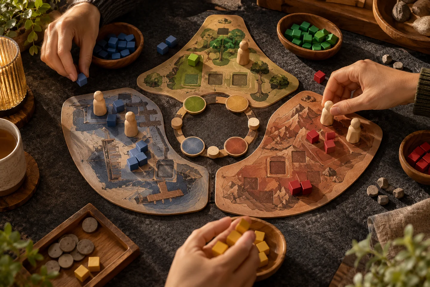 An original tabletop prototype with wooden workers and three action spaces