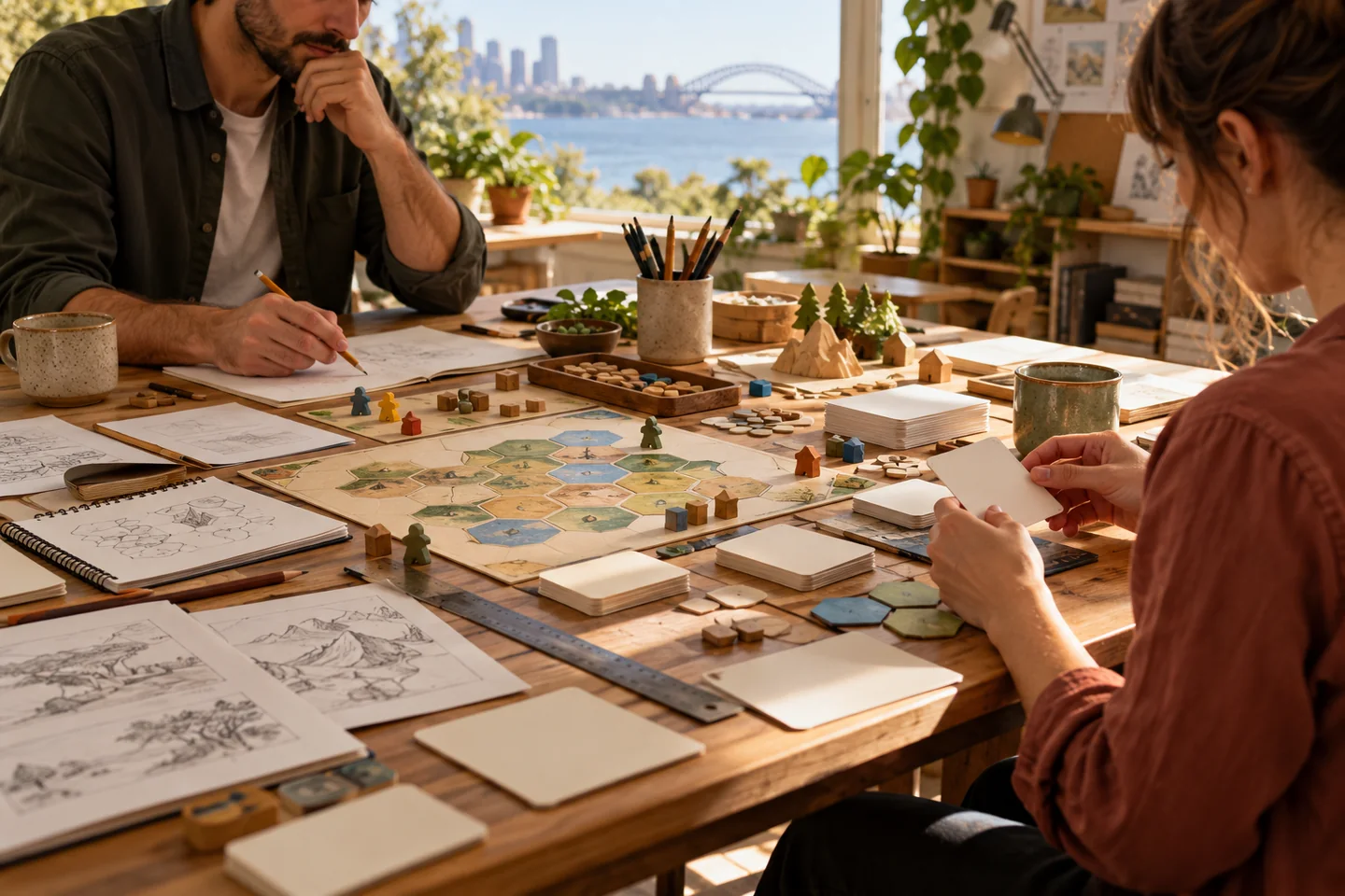 A tabletop design workbench with prototype cards and wooden pieces