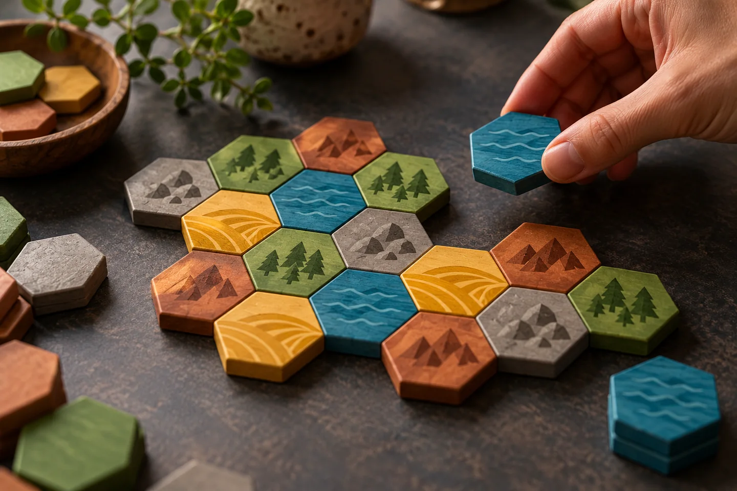 Wooden hexagonal tiles forming an original network