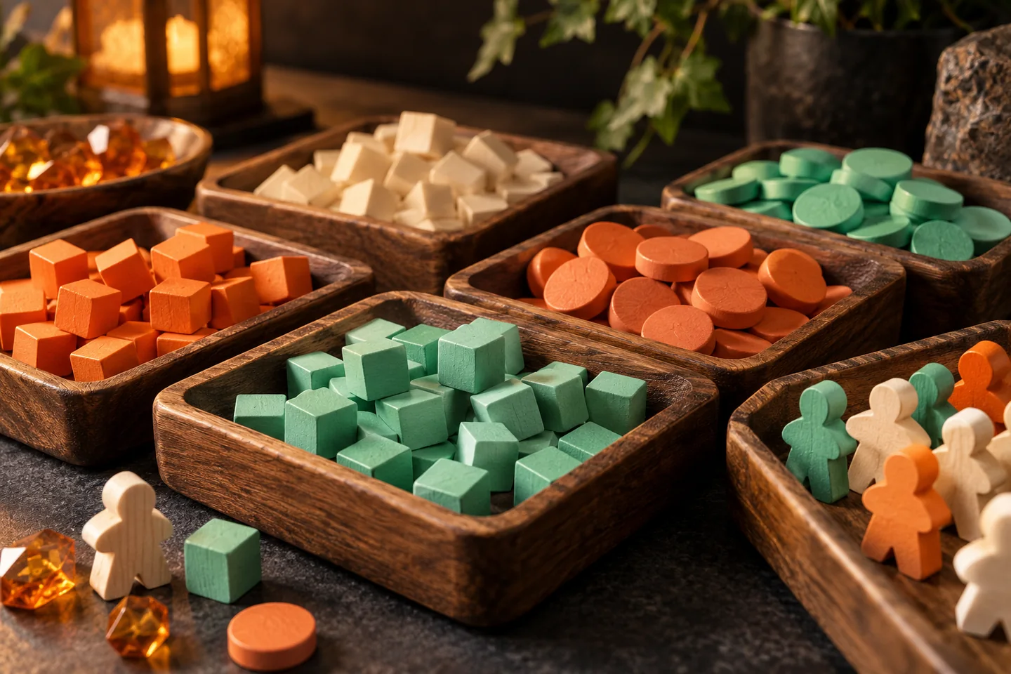 Wooden cubes, discs and workers sorted into shallow trays