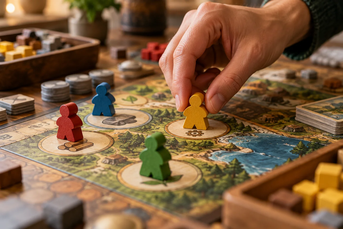A hand placing a wooden worker into an action space