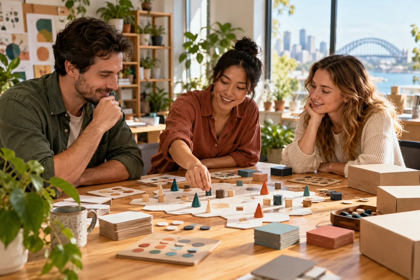 Adults discussing a finished tabletop prototype session